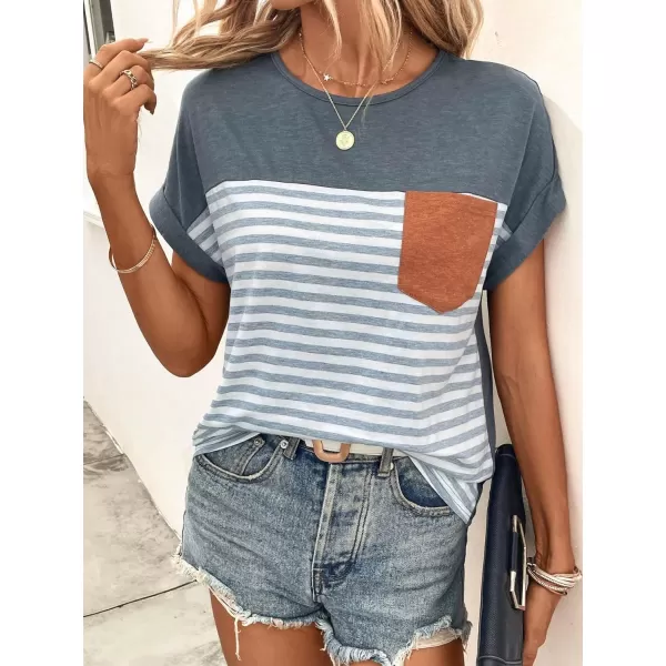SweatyRocks Women's Color Block Striped Crewneck Tee Casual Roll Up Short Sleeve Pocket T Shirt