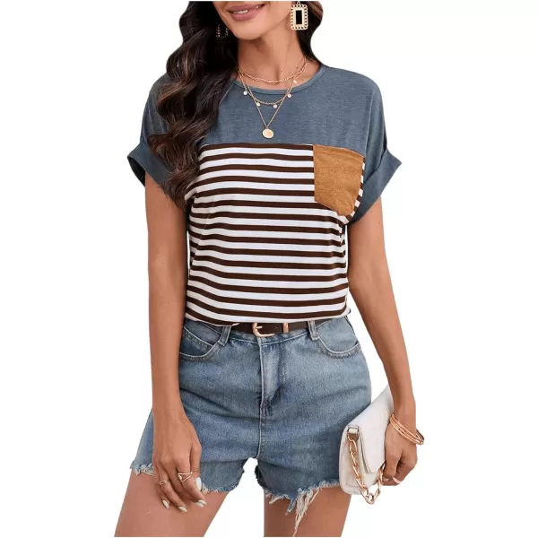 SweatyRocks Women's Color Block Striped Crewneck Tee Casual Roll Up Short Sleeve Pocket T Shirt