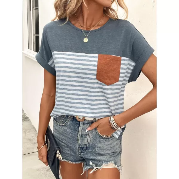 SweatyRocks Women's Color Block Striped Crewneck Tee Casual Roll Up Short Sleeve Pocket T Shirt