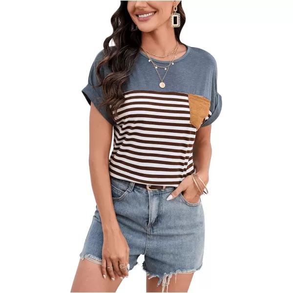 SweatyRocks Women's Color Block Striped Crewneck Tee Casual Roll Up Short Sleeve Pocket T Shirt