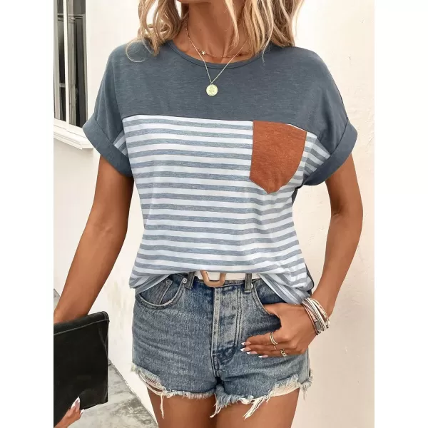 SweatyRocks Women's Color Block Striped Crewneck Tee Casual Roll Up Short Sleeve Pocket T Shirt
