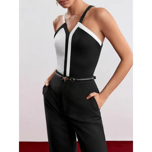 SweatyRocks Women's Color Block V Neck Sleeveless Top Bodysuit Criss Cross Backless Slim Fit Camisole Jumpsuit