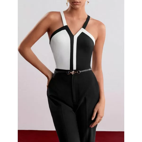 SweatyRocks Women's Color Block V Neck Sleeveless Top Bodysuit Criss Cross Backless Slim Fit Camisole Jumpsuit