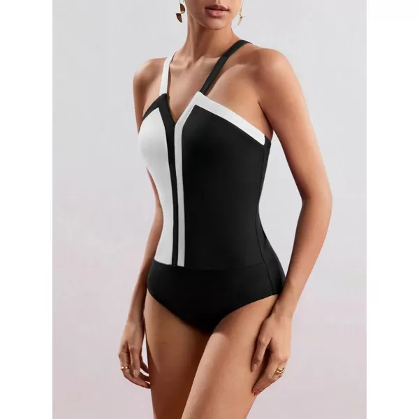 SweatyRocks Women's Color Block V Neck Sleeveless Top Bodysuit Criss Cross Backless Slim Fit Camisole Jumpsuit