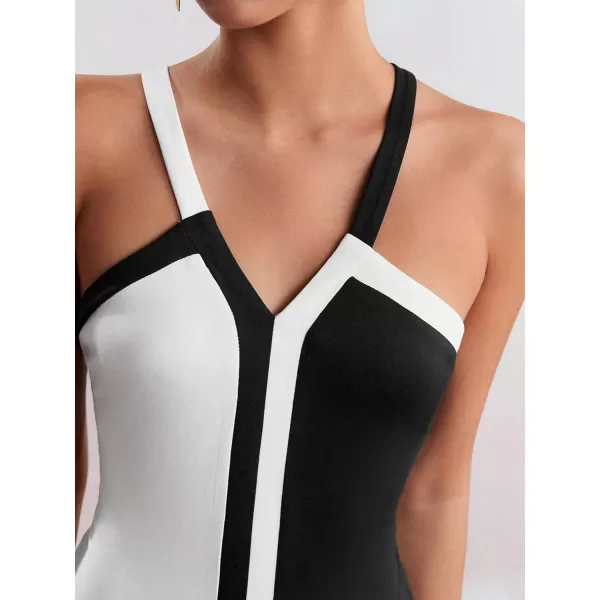 SweatyRocks Women's Color Block V Neck Sleeveless Top Bodysuit Criss Cross Backless Slim Fit Camisole Jumpsuit