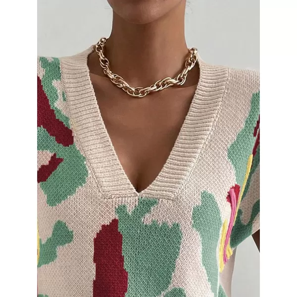 SweatyRocks Women's Colorblock Graphic Cap Sleeve V Neck Sweater Vest Casual Loose Fit Pullover Sweater Top