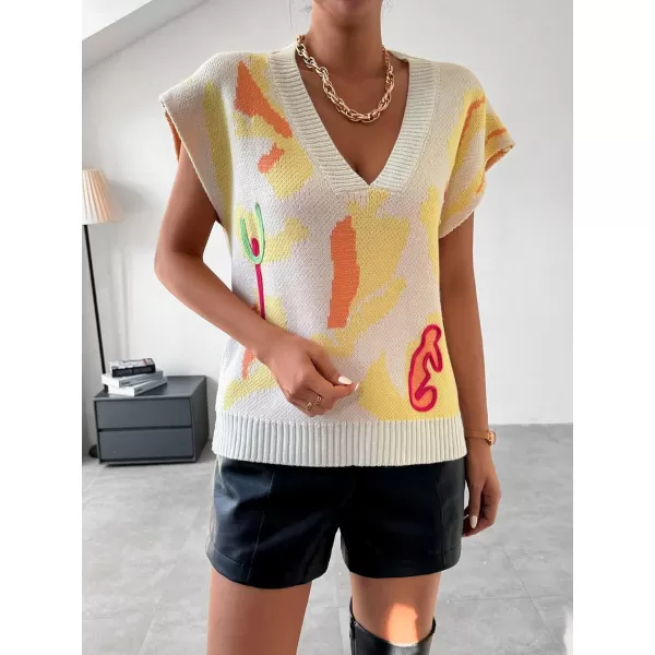 SweatyRocks Women's Colorblock Graphic Cap Sleeve V Neck Sweater Vest Casual Loose Fit Pullover Sweater Top