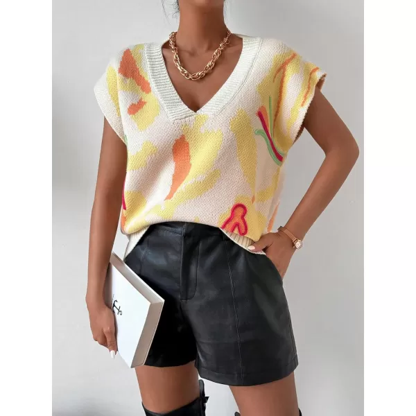 SweatyRocks Women's Colorblock Graphic Cap Sleeve V Neck Sweater Vest Casual Loose Fit Pullover Sweater Top