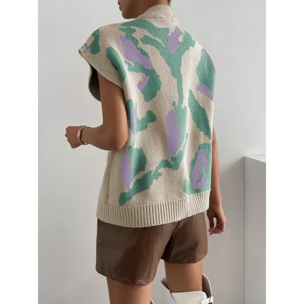 SweatyRocks Women's Colorblock Graphic Cap Sleeve V Neck Sweater Vest Casual Loose Fit Pullover Sweater Top