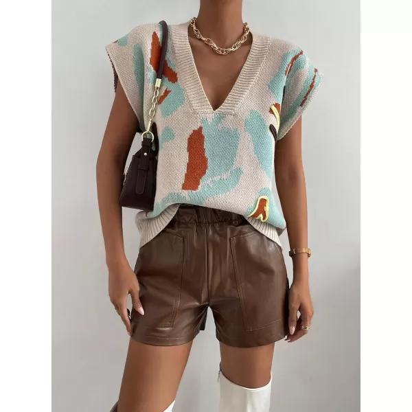 SweatyRocks Women's Colorblock Graphic Cap Sleeve V Neck Sweater Vest Casual Loose Fit Pullover Sweater Top