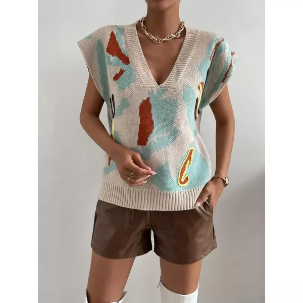 SweatyRocks Women's Colorblock Graphic Cap Sleeve V Neck Sweater Vest Casual Loose Fit Pullover Sweater Top