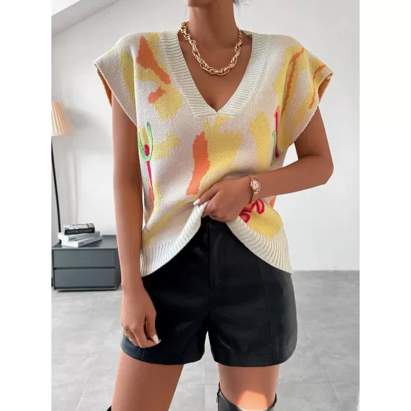 SweatyRocks Women's Colorblock Graphic Cap Sleeve V Neck Sweater Vest Casual Loose Fit Pullover Sweater Top