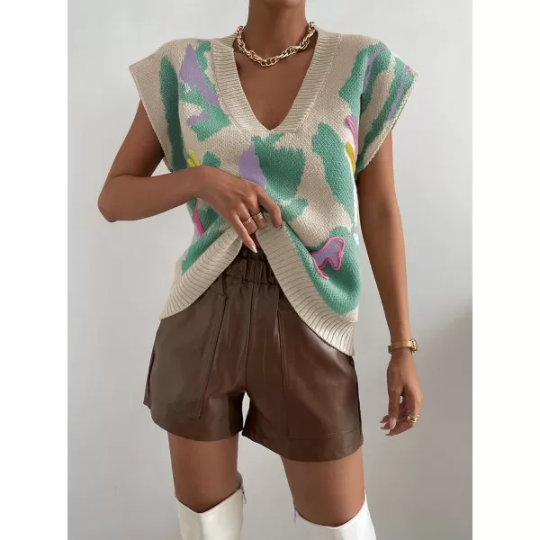SweatyRocks Women's Colorblock Graphic Cap Sleeve V Neck Sweater Vest Casual Loose Fit Pullover Sweater Top