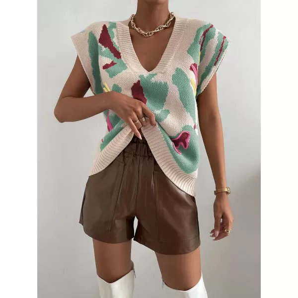 SweatyRocks Women's Colorblock Graphic Cap Sleeve V Neck Sweater Vest Casual Loose Fit Pullover Sweater Top