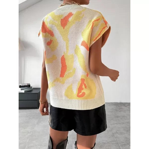 SweatyRocks Women's Colorblock Graphic Cap Sleeve V Neck Sweater Vest Casual Loose Fit Pullover Sweater Top