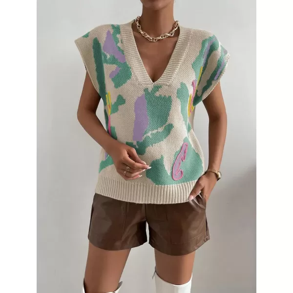 SweatyRocks Women's Colorblock Graphic Cap Sleeve V Neck Sweater Vest Casual Loose Fit Pullover Sweater Top