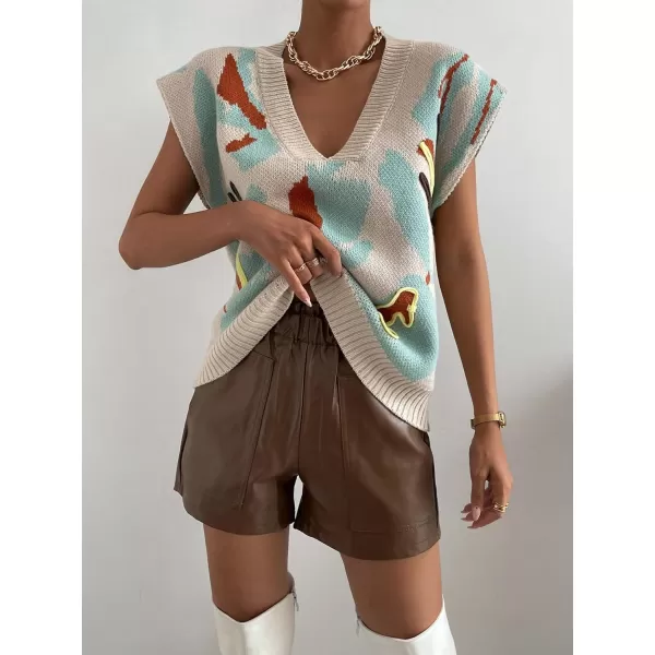 SweatyRocks Women's Colorblock Graphic Cap Sleeve V Neck Sweater Vest Casual Loose Fit Pullover Sweater Top