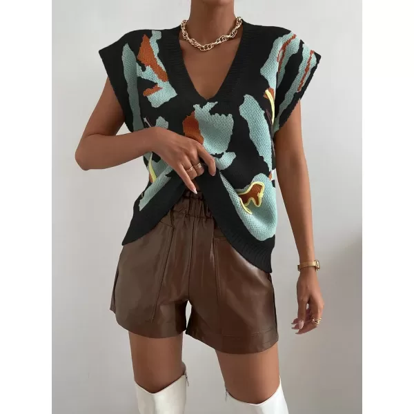 SweatyRocks Women's Colorblock Graphic Cap Sleeve V Neck Sweater Vest Casual Loose Fit Pullover Sweater Top