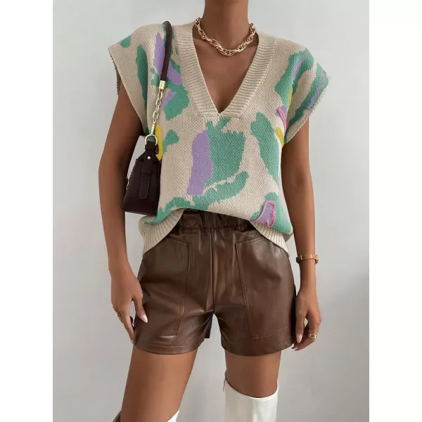 SweatyRocks Women's Colorblock Graphic Cap Sleeve V Neck Sweater Vest Casual Loose Fit Pullover Sweater Top