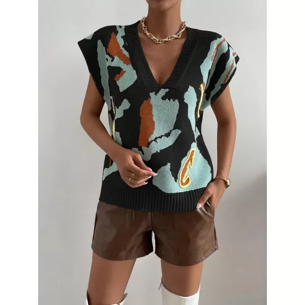 SweatyRocks Women's Colorblock Graphic Cap Sleeve V Neck Sweater Vest Casual Loose Fit Pullover Sweater Top