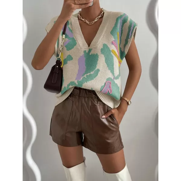 SweatyRocks Women's Colorblock Graphic Cap Sleeve V Neck Sweater Vest Casual Loose Fit Pullover Sweater Top