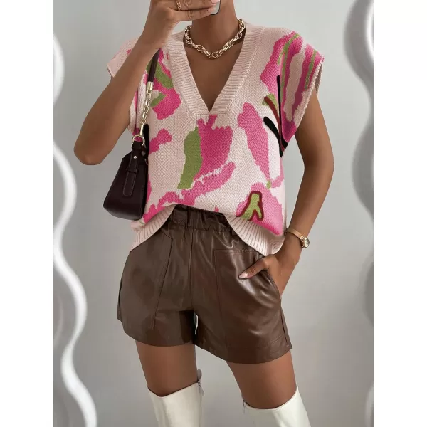 SweatyRocks Women's Colorblock Graphic Cap Sleeve V Neck Sweater Vest Casual Loose Fit Pullover Sweater Top