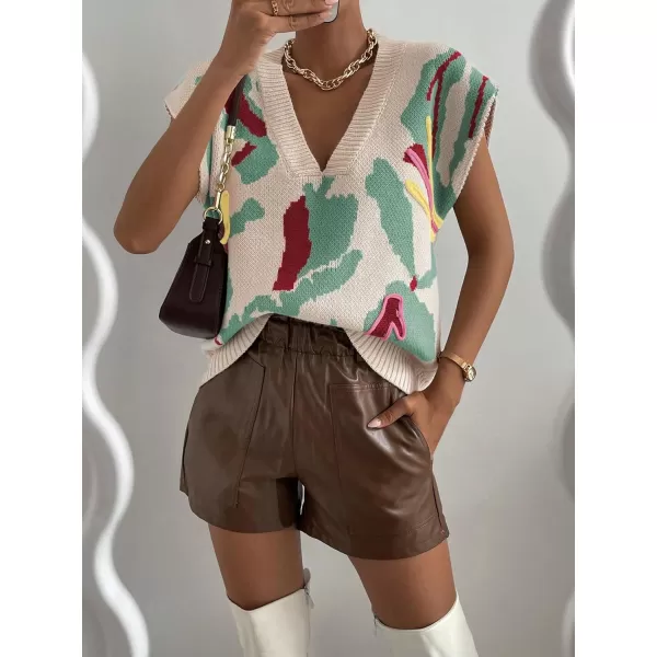 SweatyRocks Women's Colorblock Graphic Cap Sleeve V Neck Sweater Vest Casual Loose Fit Pullover Sweater Top