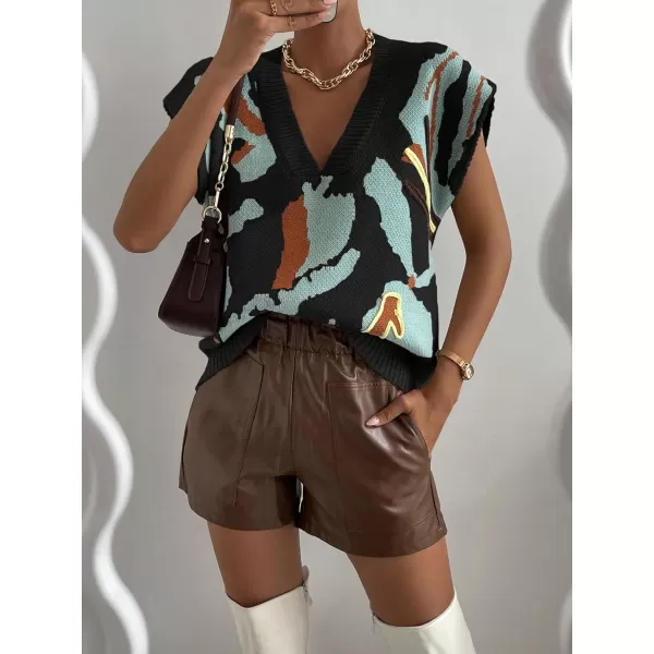 SweatyRocks Women's Colorblock Graphic Cap Sleeve V Neck Sweater Vest Casual Loose Fit Pullover Sweater Top