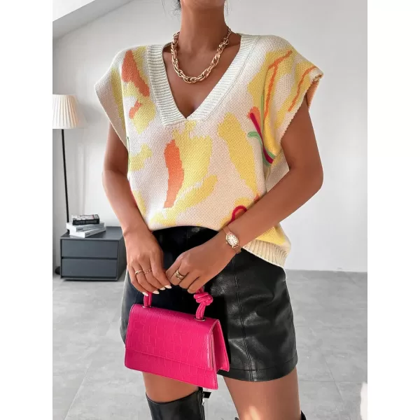 SweatyRocks Women's Colorblock Graphic Cap Sleeve V Neck Sweater Vest Casual Loose Fit Pullover Sweater Top