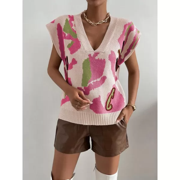SweatyRocks Women's Colorblock Graphic Cap Sleeve V Neck Sweater Vest Casual Loose Fit Pullover Sweater Top