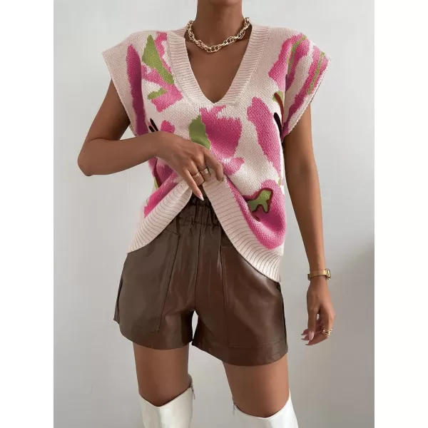 SweatyRocks Women's Colorblock Graphic Cap Sleeve V Neck Sweater Vest Casual Loose Fit Pullover Sweater Top