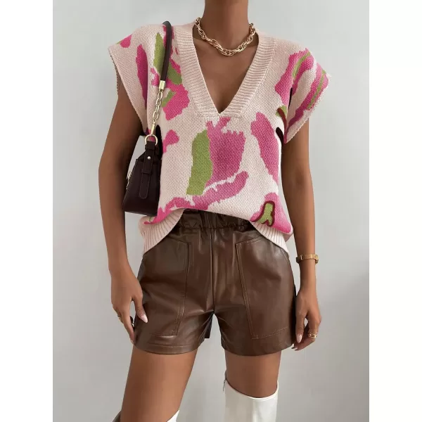 SweatyRocks Women's Colorblock Graphic Cap Sleeve V Neck Sweater Vest Casual Loose Fit Pullover Sweater Top