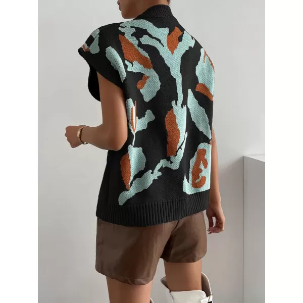 SweatyRocks Women's Colorblock Graphic Cap Sleeve V Neck Sweater Vest Casual Loose Fit Pullover Sweater Top