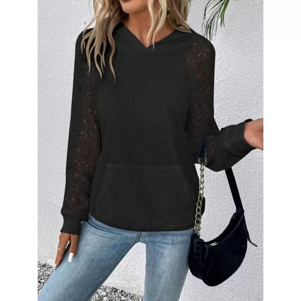 SweatyRocks Women's Contrast Lace Long Raglan Sleeve Stretch Kangaroo Pockets Hoodie Sweatshirts