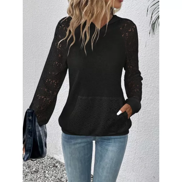 SweatyRocks Women's Contrast Lace Long Raglan Sleeve Stretch Kangaroo Pockets Hoodie Sweatshirts