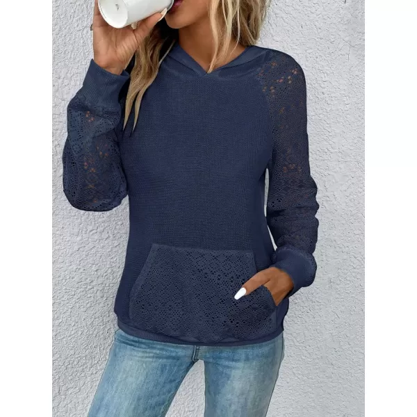 SweatyRocks Women's Contrast Lace Long Raglan Sleeve Stretch Kangaroo Pockets Hoodie Sweatshirts