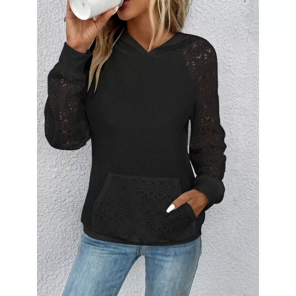 SweatyRocks Women's Contrast Lace Long Raglan Sleeve Stretch Kangaroo Pockets Hoodie Sweatshirts