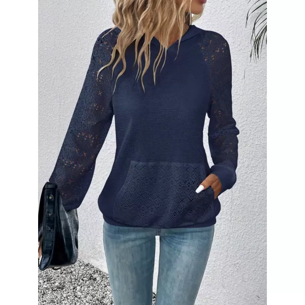 SweatyRocks Women's Contrast Lace Long Raglan Sleeve Stretch Kangaroo Pockets Hoodie Sweatshirts