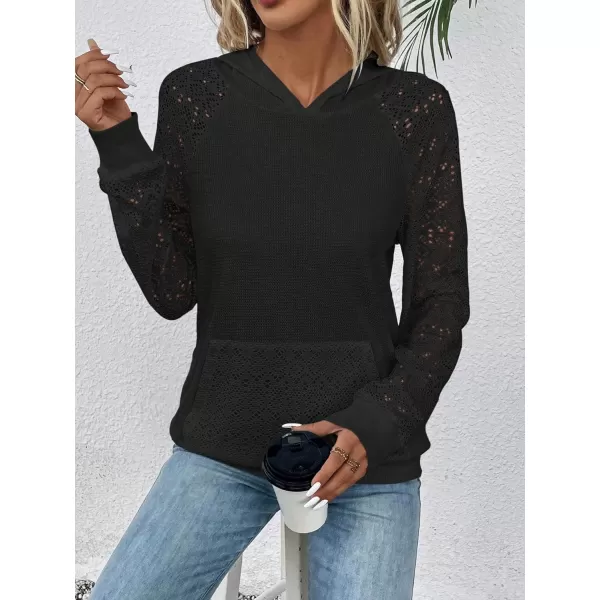 SweatyRocks Women's Contrast Lace Long Raglan Sleeve Stretch Kangaroo Pockets Hoodie Sweatshirts