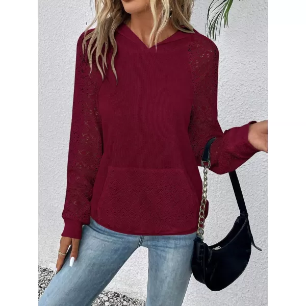 SweatyRocks Women's Contrast Lace Long Raglan Sleeve Stretch Kangaroo Pockets Hoodie Sweatshirts