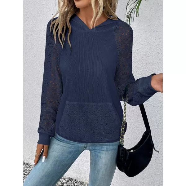 SweatyRocks Women's Contrast Lace Long Raglan Sleeve Stretch Kangaroo Pockets Hoodie Sweatshirts