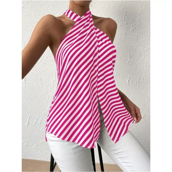 SweatyRocks Women's Criss Cross Tie Back Halter Tank Top Sleeveless Stripe Print Split Blouse Shirt