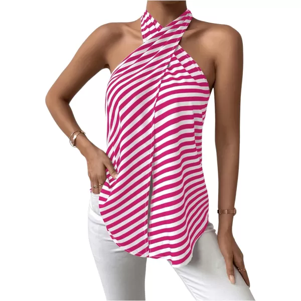 SweatyRocks Women's Criss Cross Tie Back Halter Tank Top Sleeveless Stripe Print Split Blouse Shirt