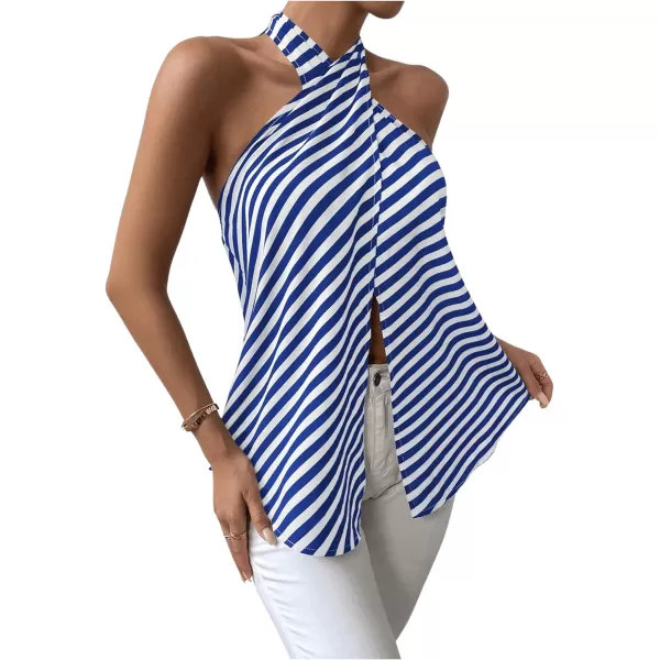 SweatyRocks Women's Criss Cross Tie Back Halter Tank Top Sleeveless Stripe Print Split Blouse Shirt