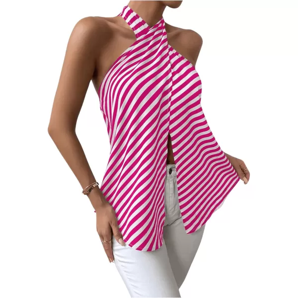 SweatyRocks Women's Criss Cross Tie Back Halter Tank Top Sleeveless Stripe Print Split Blouse Shirt