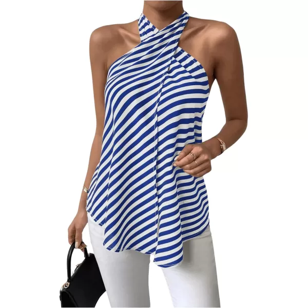 SweatyRocks Women's Criss Cross Tie Back Halter Tank Top Sleeveless Stripe Print Split Blouse Shirt