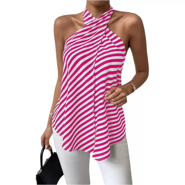 SweatyRocks Women's Criss Cross Tie Back Halter Tank Top Sleeveless Stripe Print Split Blouse Shirt