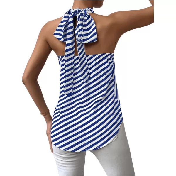 SweatyRocks Women's Criss Cross Tie Back Halter Tank Top Sleeveless Stripe Print Split Blouse Shirt