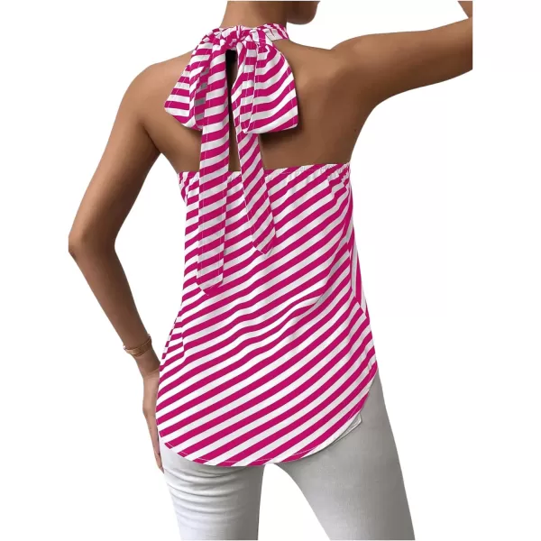 SweatyRocks Women's Criss Cross Tie Back Halter Tank Top Sleeveless Stripe Print Split Blouse Shirt