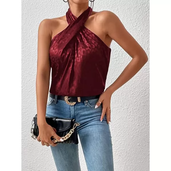 SweatyRocks Women's Crisscross Satin Halter Tops Keyhole Neck Loose Off Shoulder Casual Elegant Party Tank Tops Camis